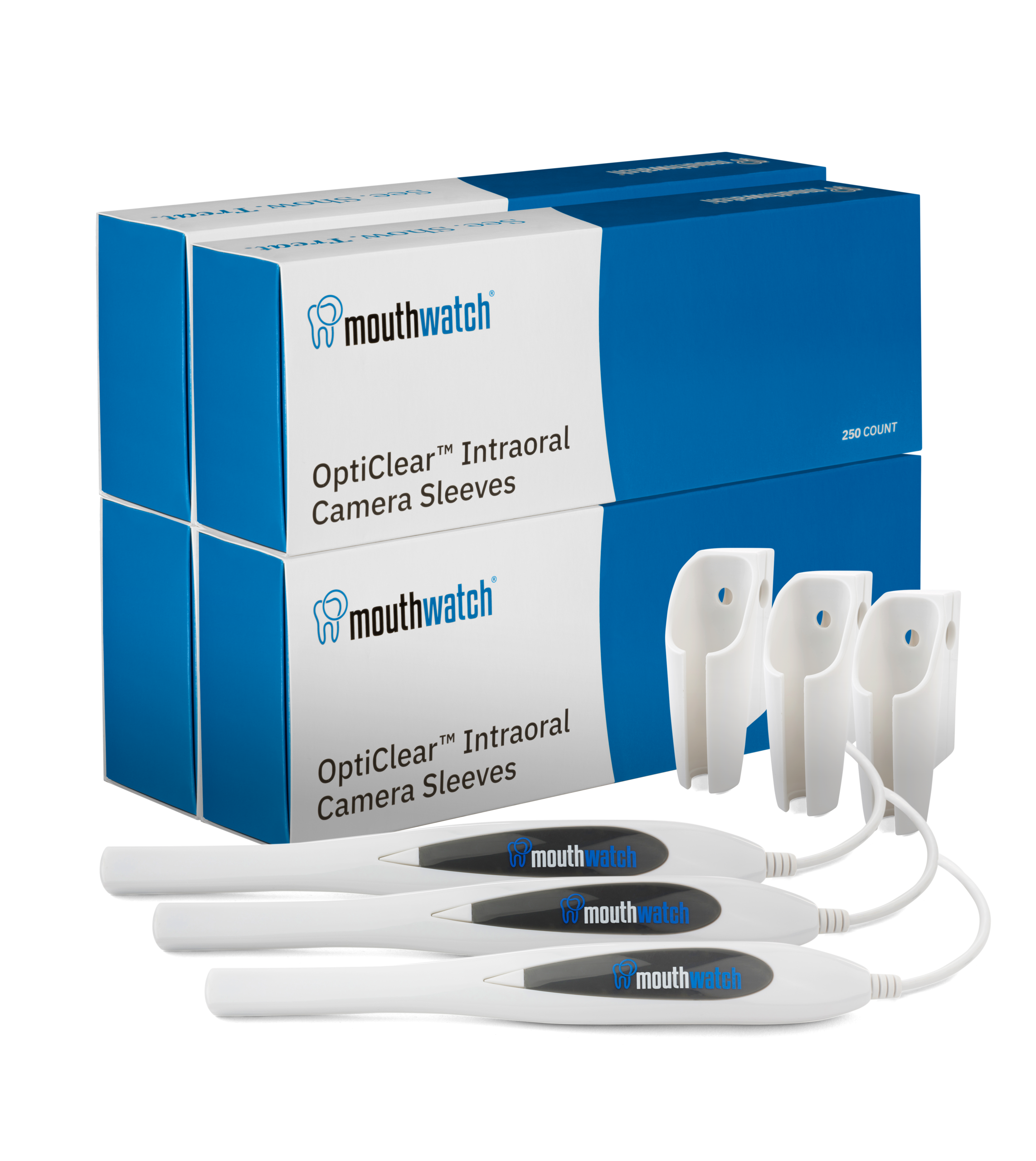 MouthWatch Intraoral Cameras with MouthWatch OptiClear intraoral camera sleeves and MouthWatch Camera Wall Brackets