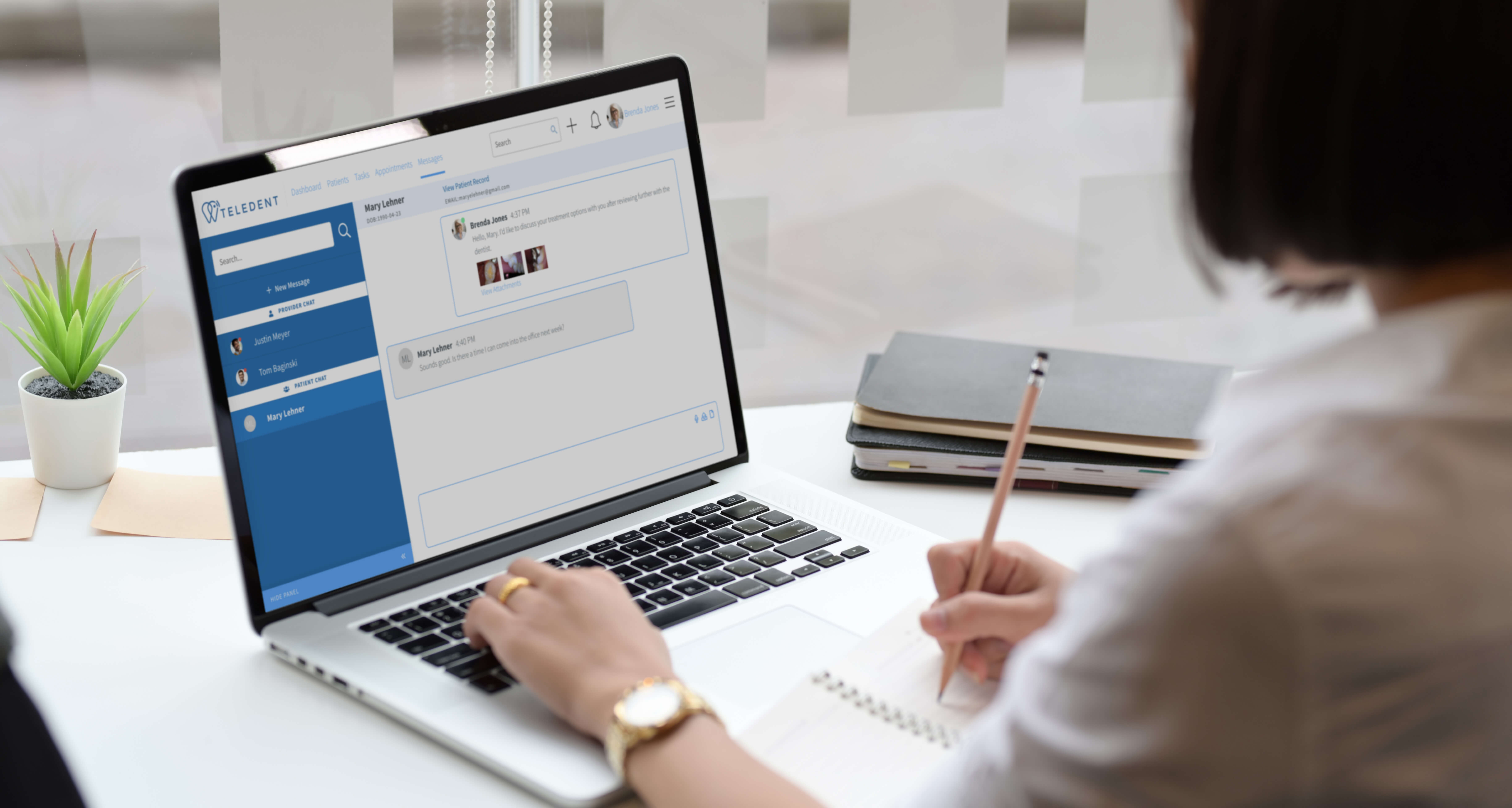 Dental professional using the MouthWatch TeleDent software on a laptop for teledentistry patient management.